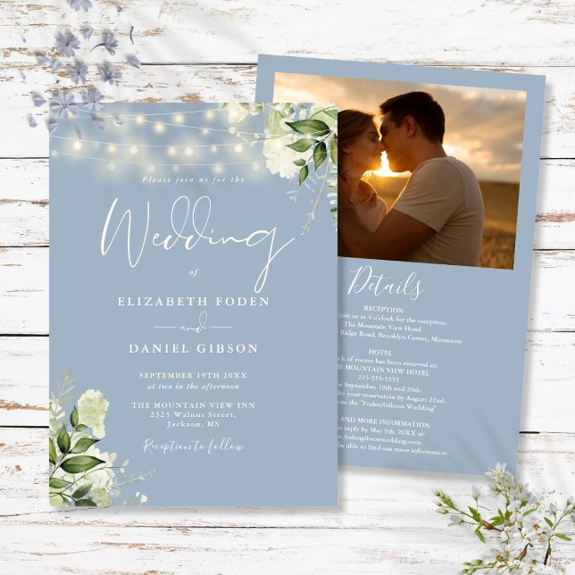 Invitation Tout en un bleu poussiéreux verdure lumière photo  (All In One Dusty Blue Greenery Light Photo Wedding Invitation)