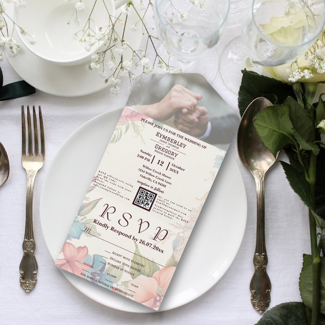 Invitation Tout En Un Bleu rose Vert Floral QR Code photo (Créateur téléchargé)