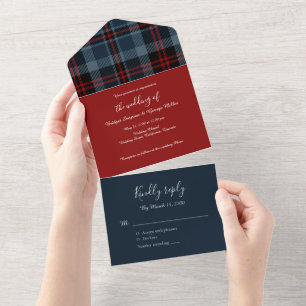 Invitation Tout En Un bleu rouge écossais mariage celtique tartan plaid