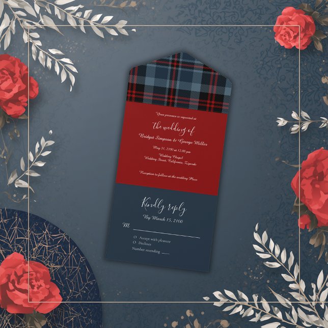Invitation Tout En Un bleu rouge écossais mariage celtique tartan plaid (Créateur téléchargé)