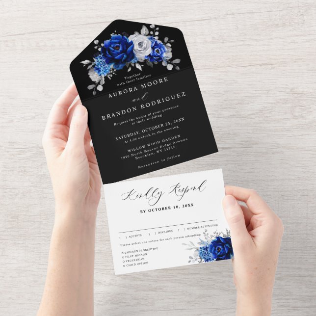 Invitation Tout En Un Bleu Royal Blanc Argent Métallisé Floral Mariage A (Déchirure)