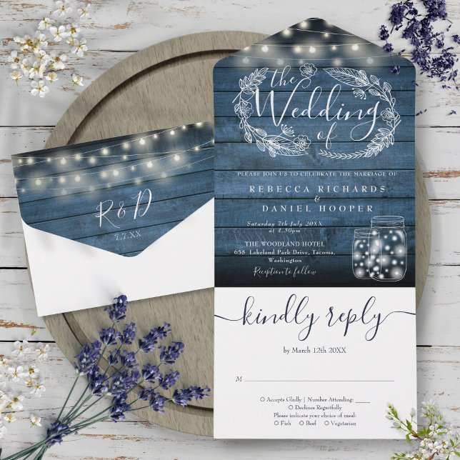 Invitation Tout En Un Bleu Russe Chaîne Lumières Mason Jar Mariage Flora (Blue Rustic String Lights Mason Jar Floral Wedding All In One Invitation)