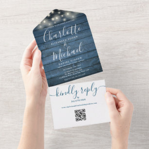 Invitation Tout En Un Bleu Rustique Bois Éclairage QR Code Mariage
