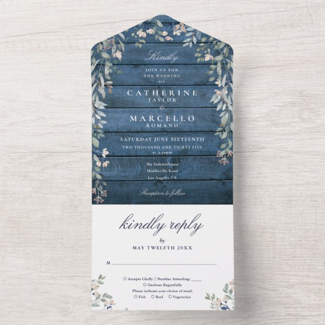 Invitation Tout En Un Bleu Rustique Bois Floral Verdure Cascade Mariage  (À l'intérieur)
