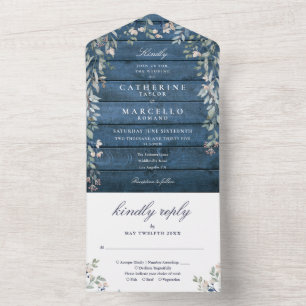 Invitation Tout En Un Bleu Rustique Bois Floral Verdure Cascade Mariage 