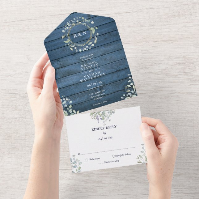 Invitation Tout En Un Bleu Rustique Bois Monogramme Vert Mariage Floral (Déchirure)