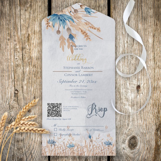 Invitation Tout En Un Bleu rustique Corbeilles et Blé Bleu QR Code (Also available without a QR code.)