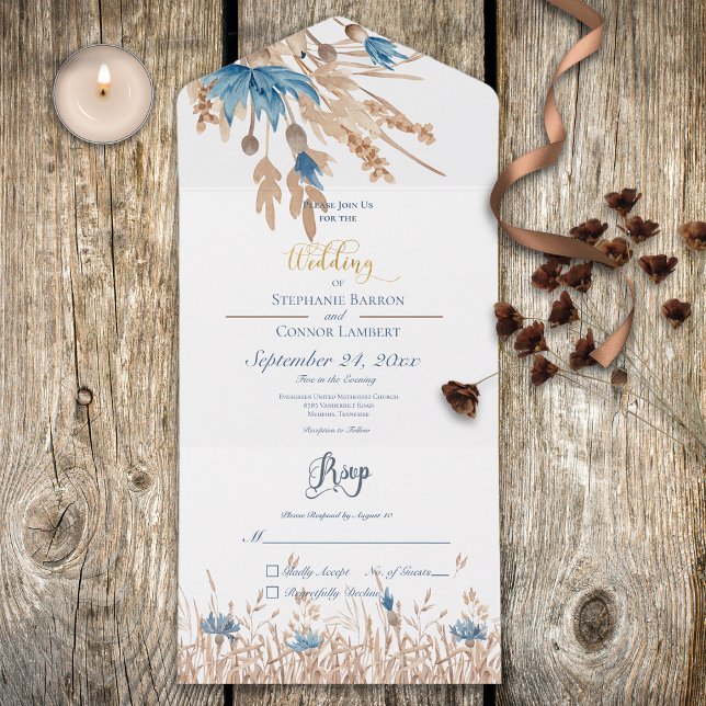 Invitation Tout En Un Bleu rustique Fleurs de Cornouailles & Blé Blanc P (Also available with a QR code.)