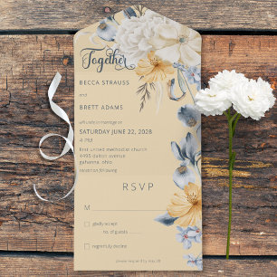 Invitation Tout En Un Bleu Rustique Jaune & Blanc Floral Jaune Pas de Dî