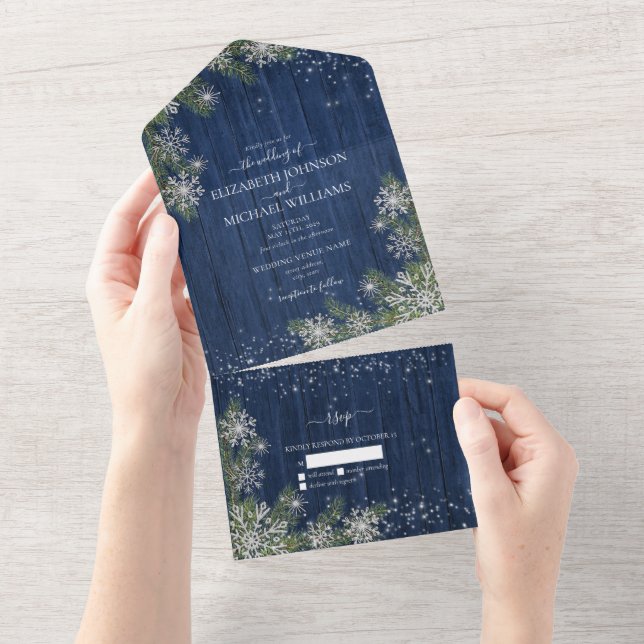 Invitation Tout En Un Bleu Silver Hiver Bois Plaid Rustique Mariage (Déchirure)