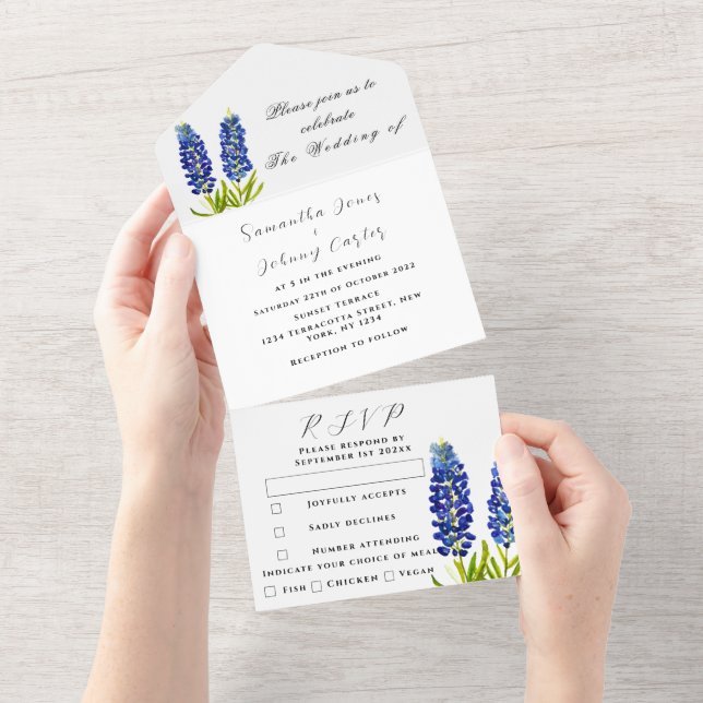 Invitation Tout En Un Bleuets Bleu Fleur Sauvage Floral Lupin Mariage (Déchirure)