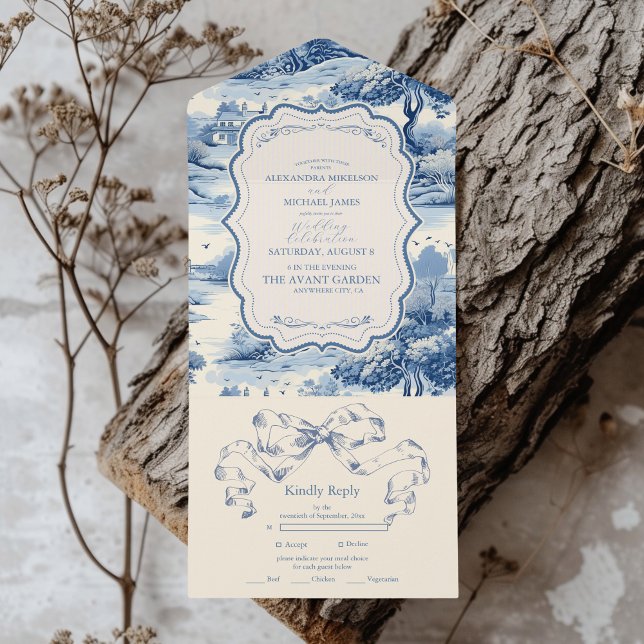 Invitation Tout En Un Blue Chinoiserie Porcelain Botanique Peony Mariage (Créateur téléchargé)