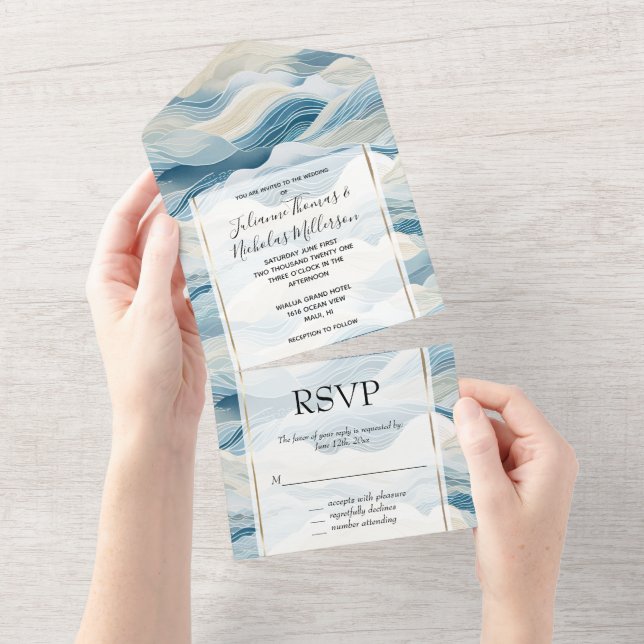 Invitation Tout En Un Blue Cream Sea Sand Ocean Waves Beach (Déchirure)