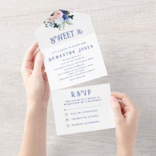 Invitation Tout En Un Blue Floral Girly Peony Sweet 16 Floral Seize