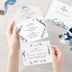 Invitation Tout En Un Blue Floral Wedding with Perforated RSVP