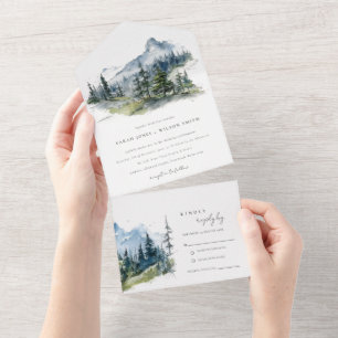 Invitation Tout En Un Blue Green Woods Mountain Paysage Mariage de croqu