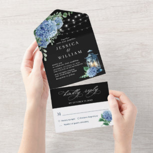 Invitation Tout En Un Blue Hydrangea Lantern Arrière - plan noir Mariage