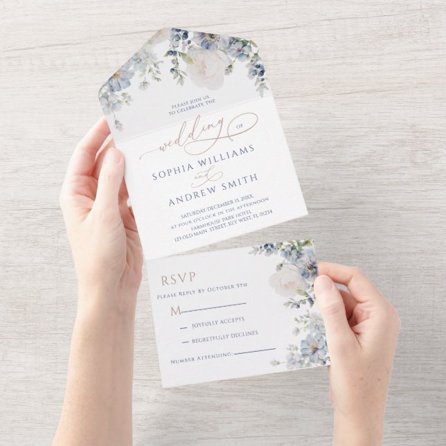 Invitation Tout En Un Blue Hydrangea & Mariage Rose (Déchirure)