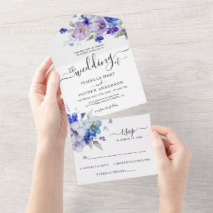 Invitation Tout En Un Blue Navy Purple Lavender Floral Wedding RSVP