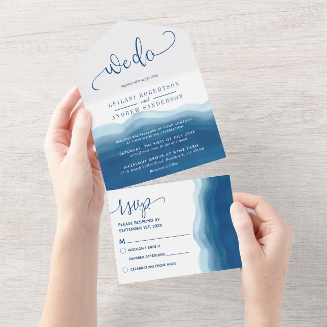 Invitation Tout En Un Blue Ombre Aquarelle Vague Nous faisons Mariage (Déchirure)