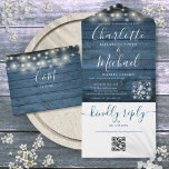 Invitation Tout En Un Blue Rustic Wood QR Code Mason Jars Lights Wedding<br><div class="desc">All in one wedding invitation featuring pretty string lights,  mason jars,  signature style names and chic typography on a blue rustic wood background. The invitation includes a perforated RSVP card featuring a QR code. Designed by Thisisnotme©</div>
