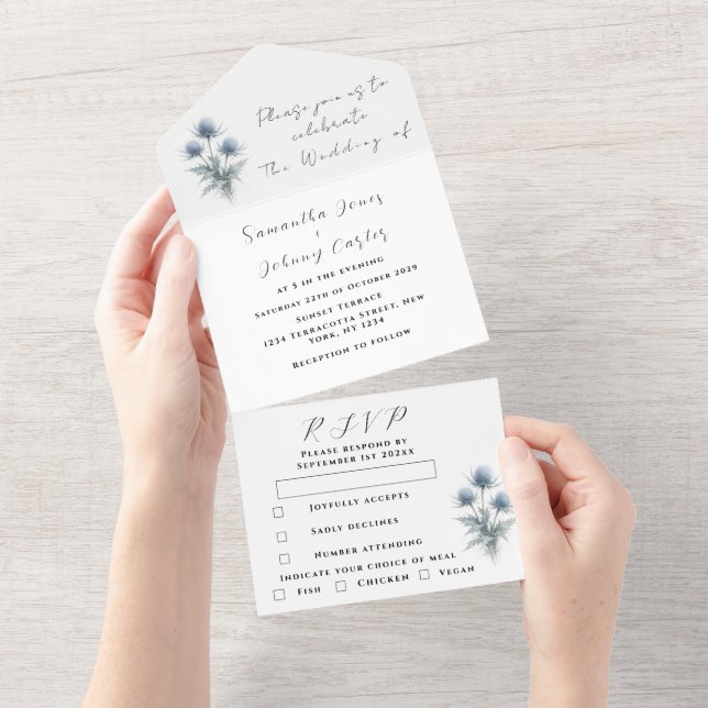 Invitation Tout En Un Blue Thistle Scottish Simple Floral Wedding (Déchirure)