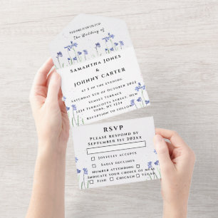 Invitation Tout En Un Bluebells Aquarelle Bleu Floral Mariage RSVP