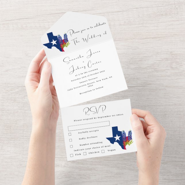 Invitation Tout En Un Bluebonnets Fleur sauvage bleu Floral Texas Mariag (Déchirure)