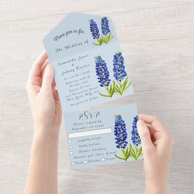 Invitation Tout En Un Bluebonnets Lupine Aquarelle Texas Mariage (Déchirure)
