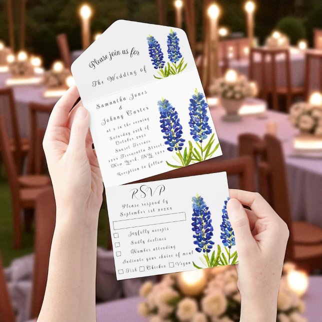 Invitation Tout En Un Bluebonnets Lupine Bleu Aquarelle Texas Mariage (Créateur téléchargé)