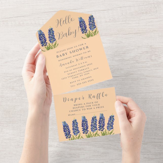 Invitation Tout En Un Bluebonnets Texas Baby shower genre neutre (Déchirure)