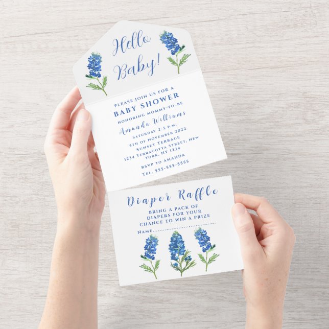Invitation Tout En Un Bluebonnets Texas Baby shower genre neutre (Déchirure)