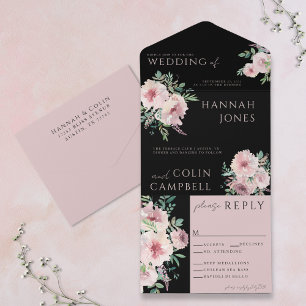 Invitation Tout En Un Blush & Black Élégant Aquarelle Florale
