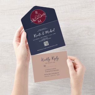 Invitation Tout En Un Blush Burgundy et le Mariage bleu de la marine