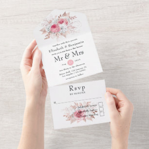Invitation Tout En Un Blush et Rose or Floral et Mariage de dentelle tou