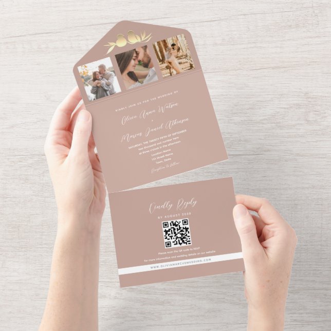Invitation Tout En Un Blush Gold Lovebirds Photo QR Code Mariage (Déchirure)