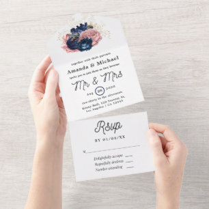 Invitation Tout En Un Blush, Navy et Gold Floral Mariage
