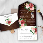 Invitation Tout En Un Blush Pink Burgundy Floral Lantern Wood Wedding<br><div class="desc">Amaze your guests with this elegant wedding invite featuring beautiful flowers and modern typography with detachable RSVP postcard. Simply add your event details on this easy-to-use template to make it a one-of-a-kind invitation.</div>