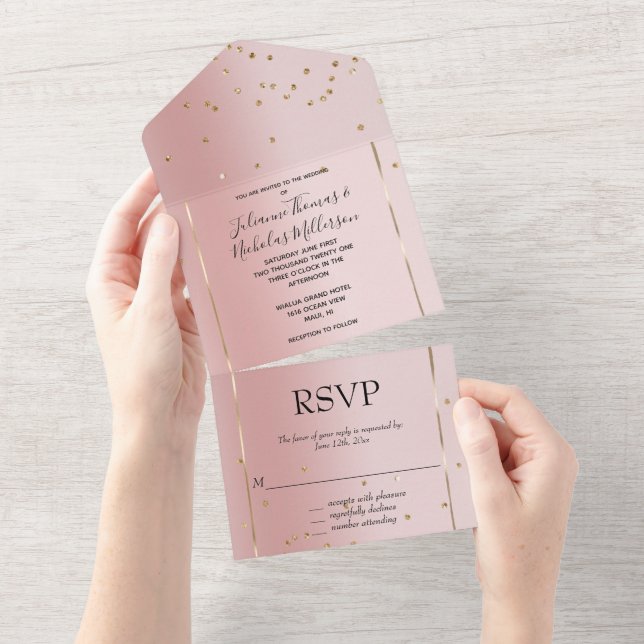 Invitation Tout En Un Blush Pink Ombre Gold Glam Confetti Mariage (Déchirure)