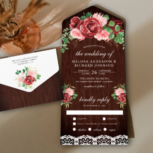 Invitation Tout En Un Blush rose Bourgogne Floral dentelle grange Mariag