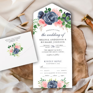 Invitation Tout En Un Blush rose et bleu marine Bouquet Mariage