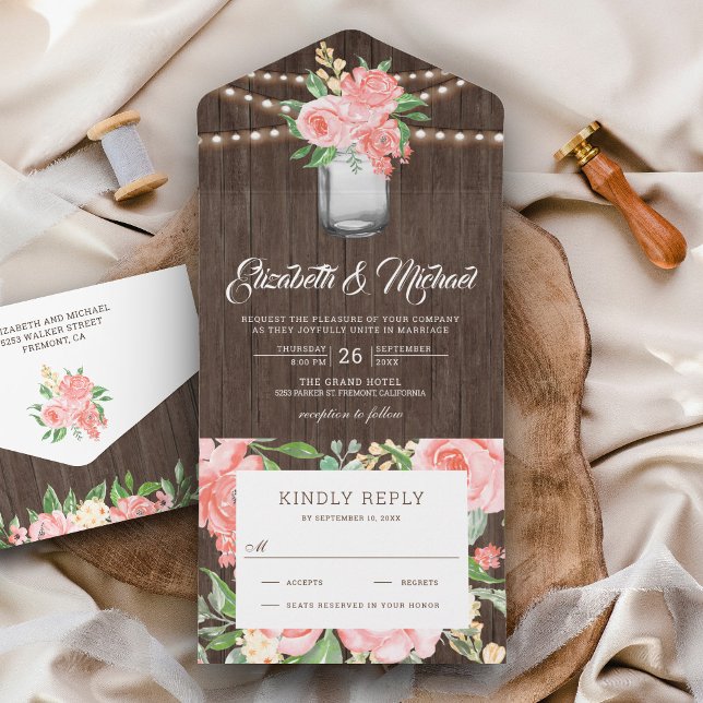 Invitation Tout En Un Blush rose Floral Mason Jar Mariage en bois rustiq (Créateur téléchargé)