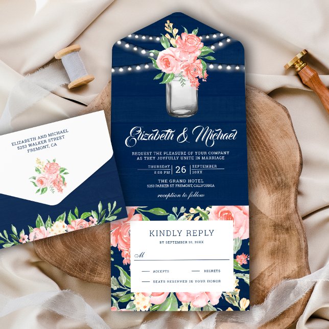 Invitation Tout En Un Blush rose Floral Mason Jar Marine Mariage en bois (Créateur téléchargé)