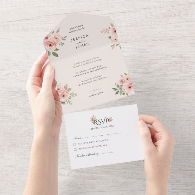 Invitation Tout En Un Blush Roses Editable Elegant Wedding  (Déchirure)