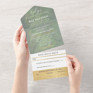 Invitation Tout En Un BM Bar Bat mitzvah Greens Silvers
