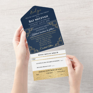 Invitation Tout En Un BM Bar Bat mitzvah Marine Art Déco