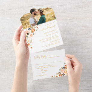 Invitation Tout En Un Bohème Automne or Floral Mariage Photo