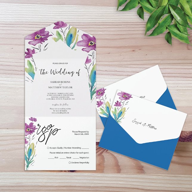 Invitation Tout En Un Bohème bleu violet Fleur sauvage aquarelle Art (Créateur téléchargé)