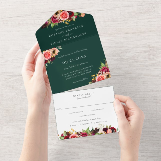 Invitation Tout En Un Bohème Blooms Mariage Tout en un (Déchirure)