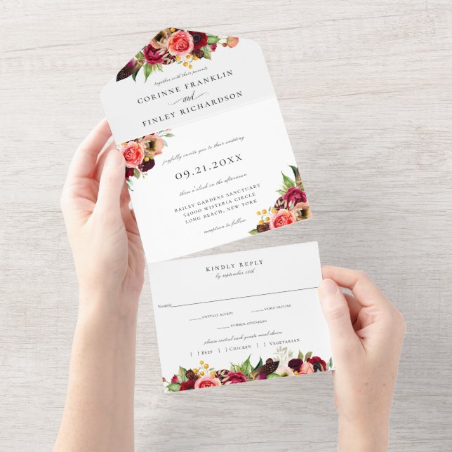Invitation Tout En Un Bohème Blooms Mariage Tout en un (Déchirure)